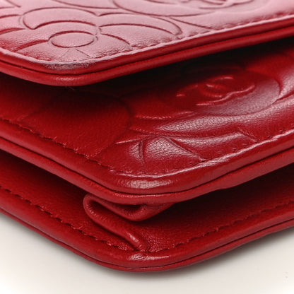 Chanel Lambskin Camellia Embossed Wallet On Chain WOC Red 10 of 19