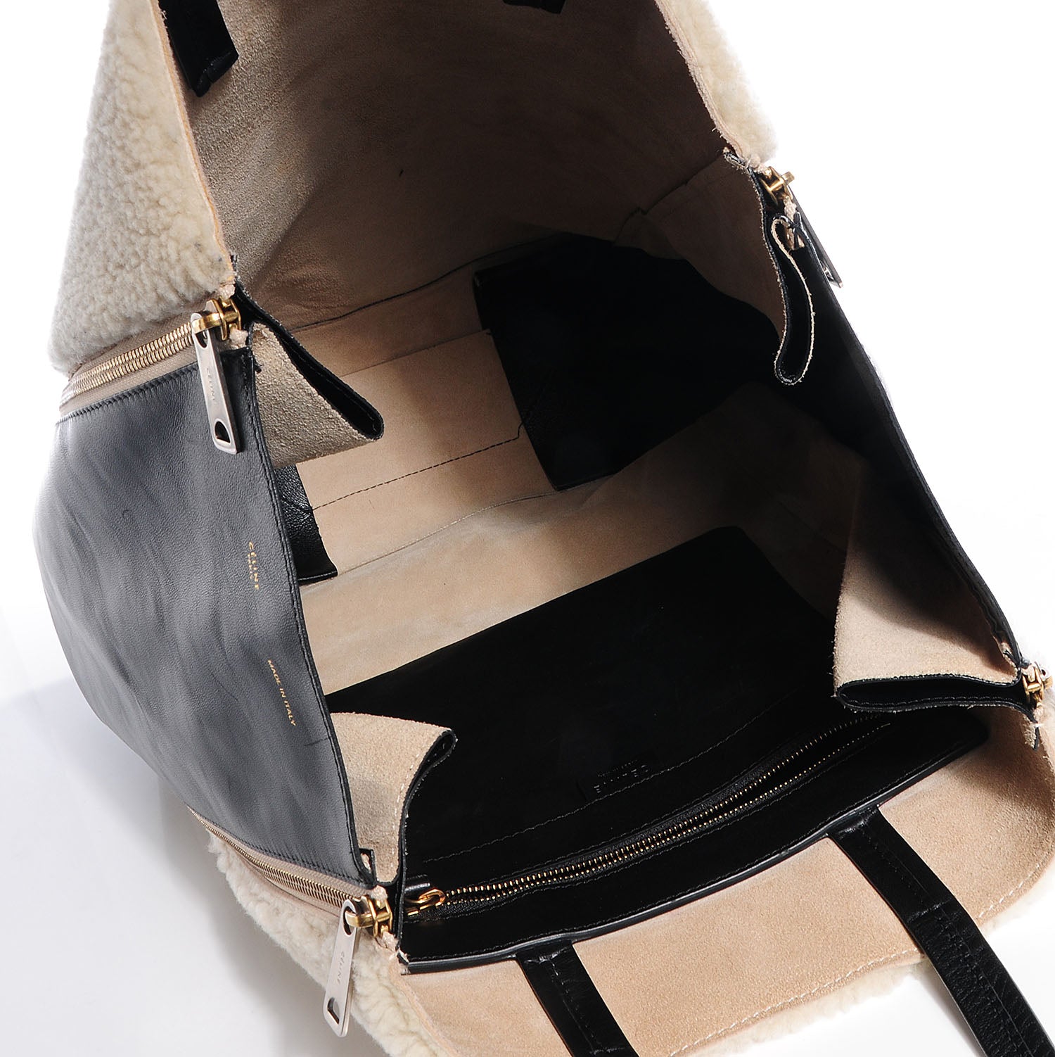 Celine Shearling Calfskin Vertical Zip Gusset Cabas Black 5 of 9