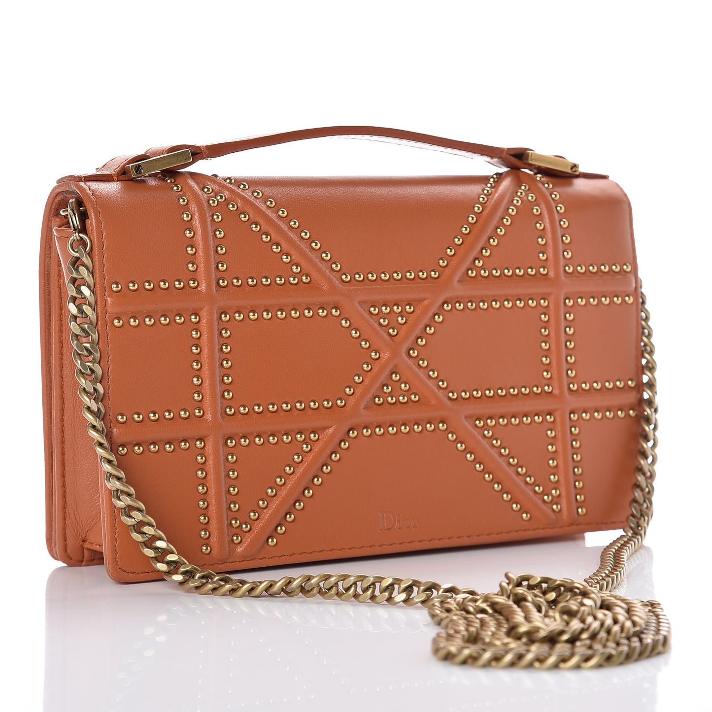 Calfskin Studded Diorama Top Handle Wallet on Chain Pouch Orange