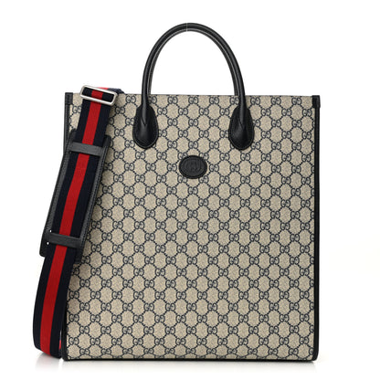 Gucci GG Supreme Monogram Textured Dollar Calfskin Web Medium Retro Interlocking G Tote Bag Beige Blue 1 of 11