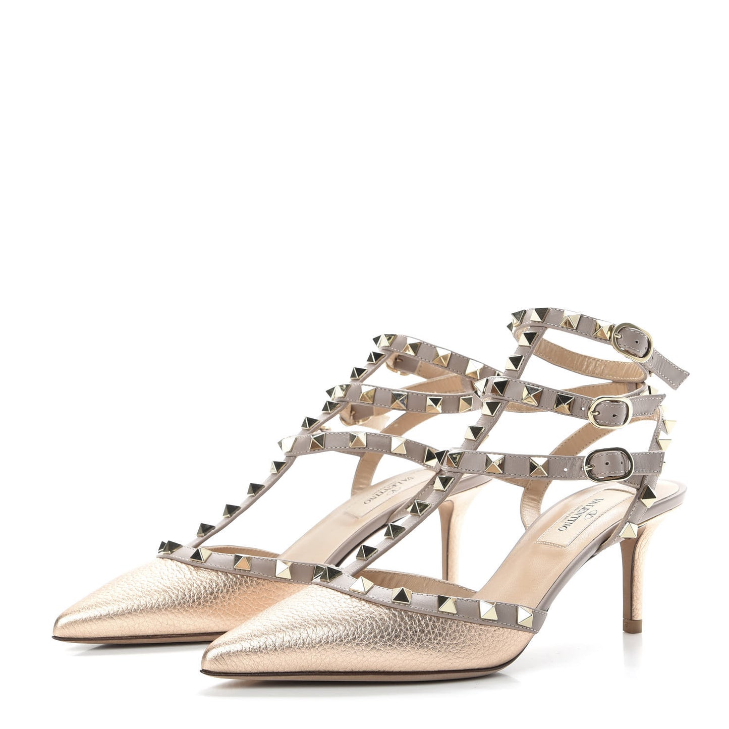 Metallic Pebbled Calfskin Rockstud Ankle Strap 65mm Pumps 37 Skin Poudre