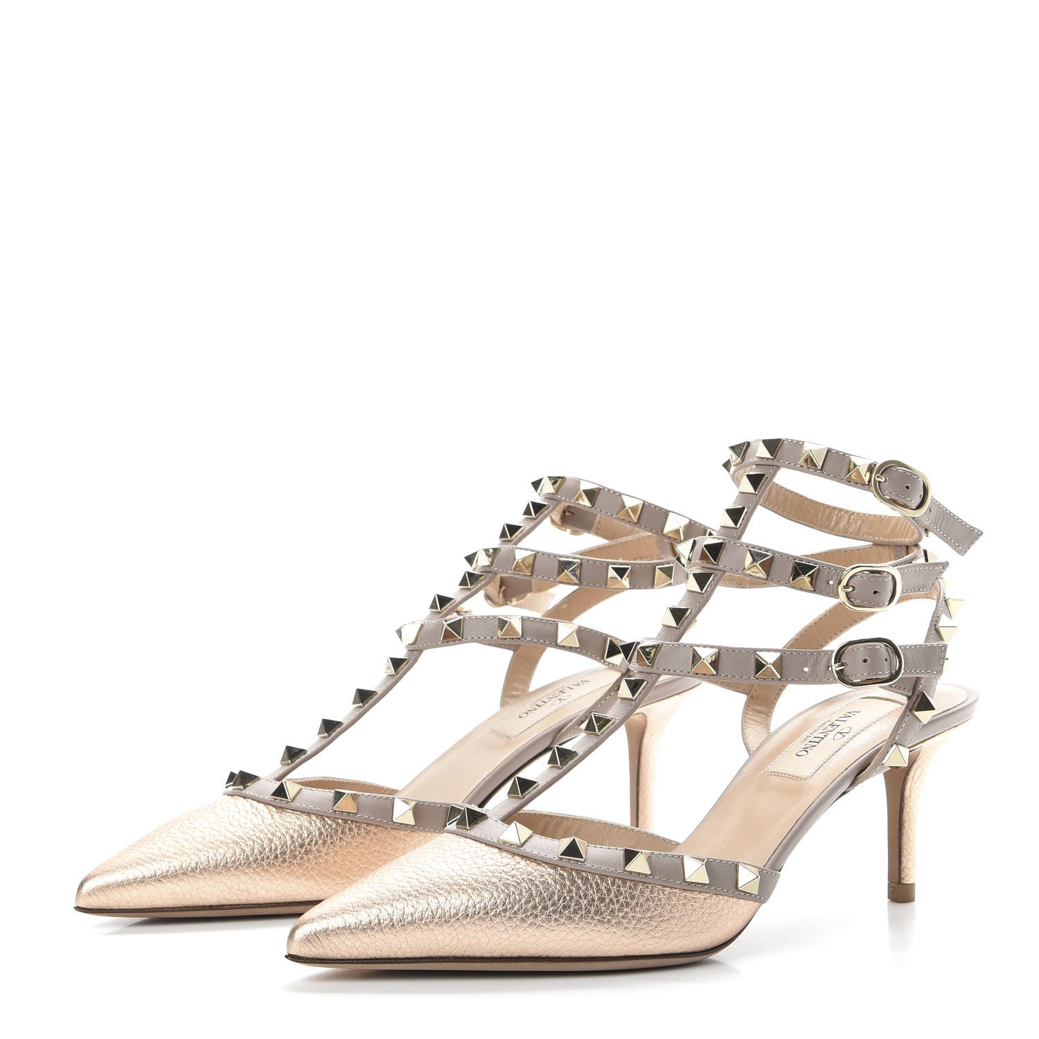 Valentino Garavani Metallic Pebbled Calfskin Rockstud Ankle Strap 65mm Pumps 37 Skin Poudre 3 of 9