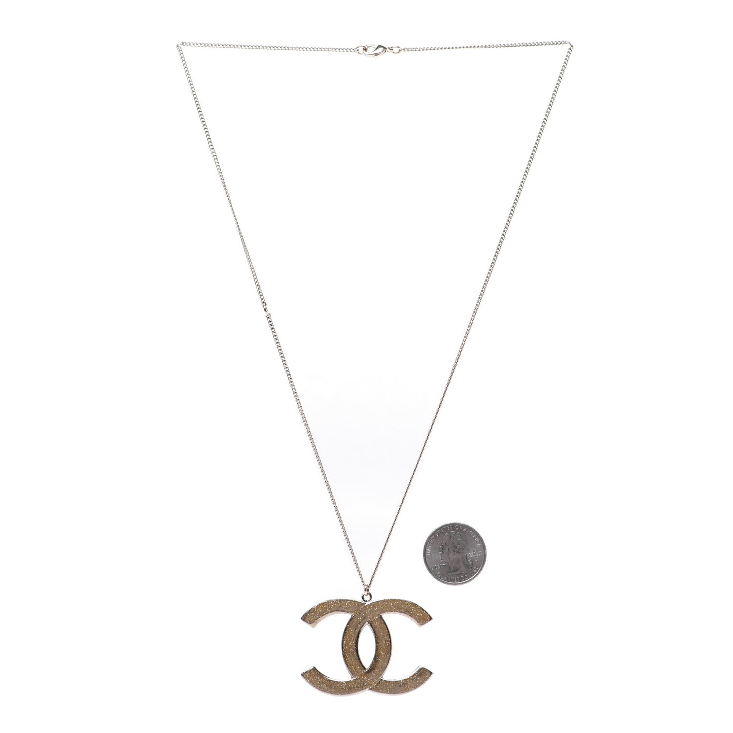 Crystal Metal Quilted CC Pendant Necklace Gold