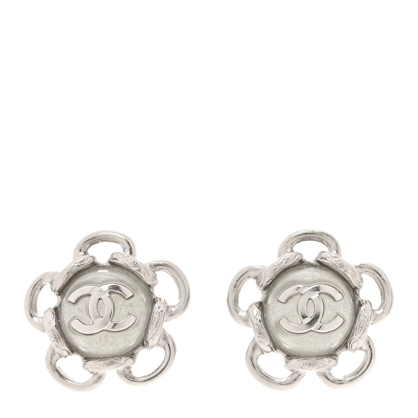 Resin Pearl CC Flower Earrings Silver