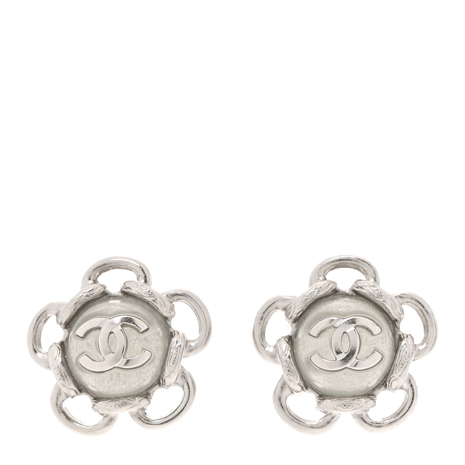 Chanel Resin Pearl CC Flower Earrings Silver 1 of 5