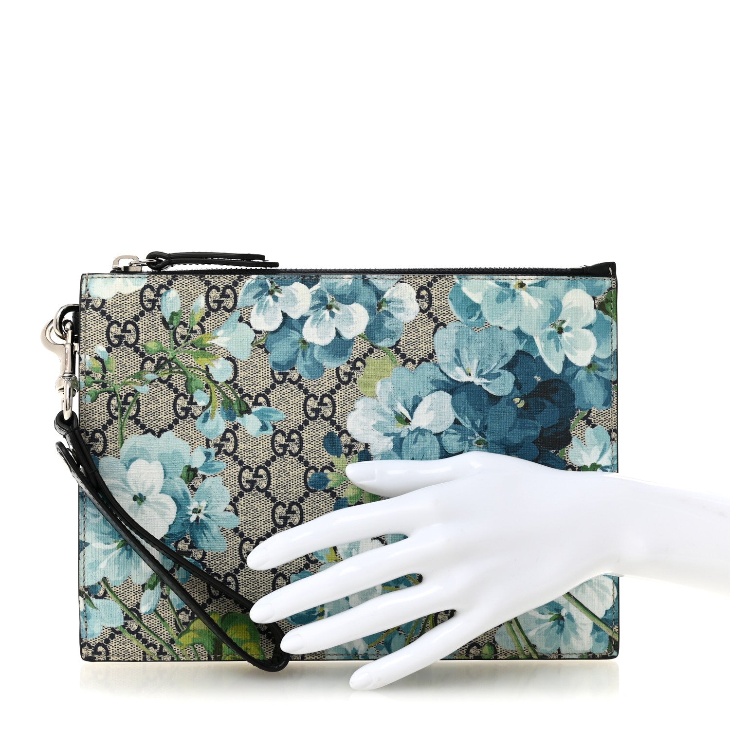 Gucci GG Supreme Monogram Blooms Small Zip Wristlet Pouch Beige Blue Black 2 of 7