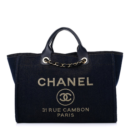 Chanel Lurex Canvas Medium Deauville Tote Navy Blue Gold 1 of 13