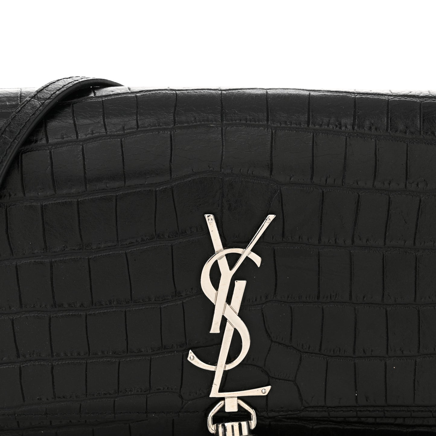 Calfskin Crocodile Embossed Kate Monogram Tassel Chain Wallet Black