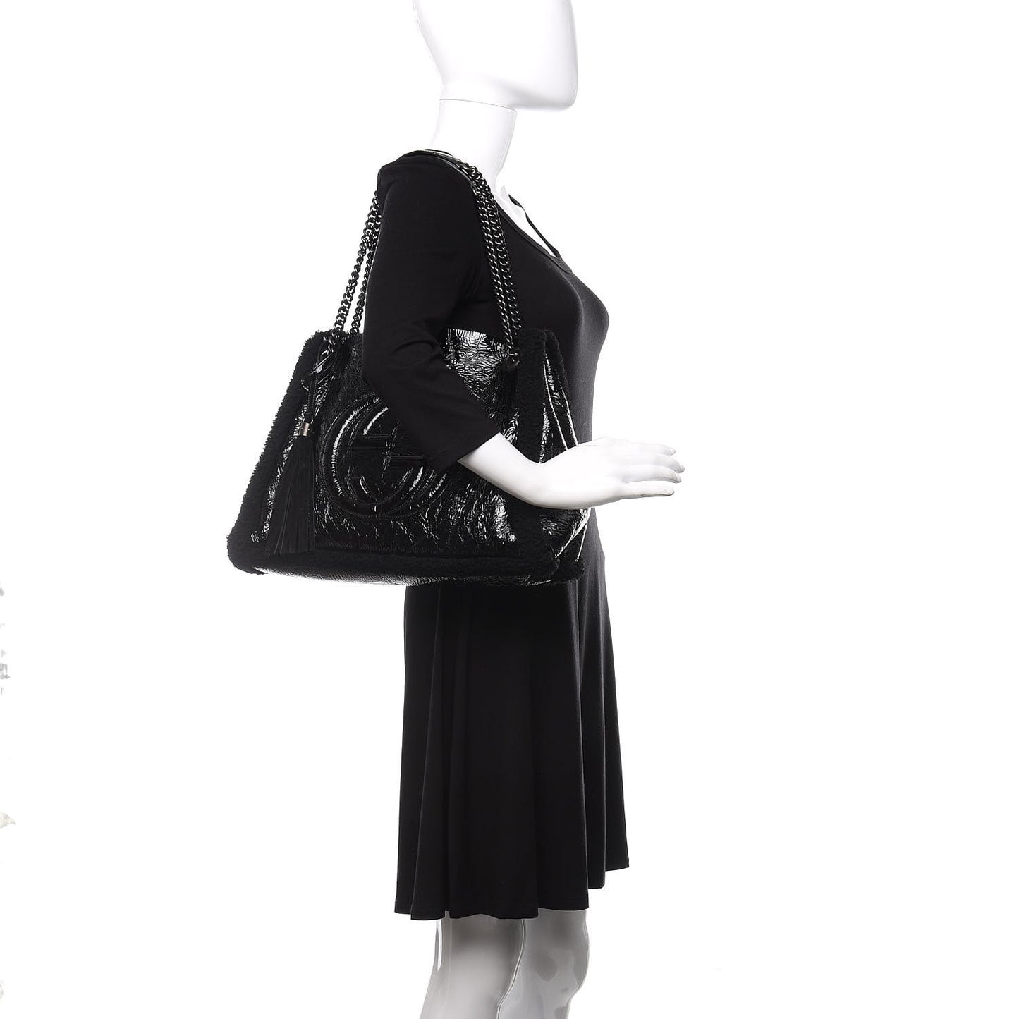 Patent Shearling Medium Soho Chain Shoulder Bag Black