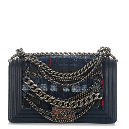Chanel Lambskin Denim Tweed Medium Enchained Boy Flap Navy Blue 1 of 7