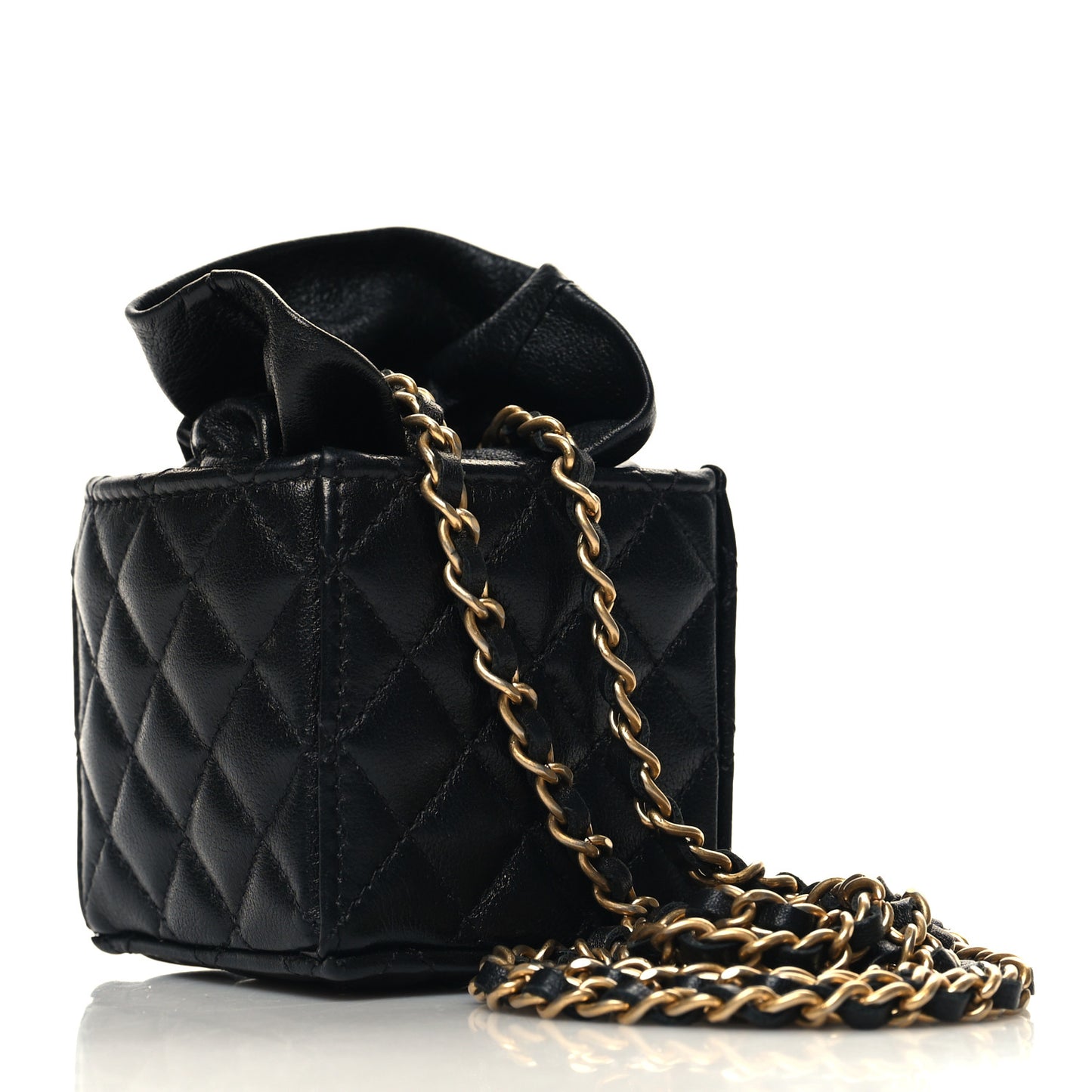 Calfskin Quilted Mini Drawstring Bucket Bag Black