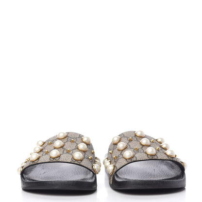 Gucci GG Supreme Monogram Slide Pearls Sandals 39 Beige 2 of 7