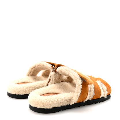 Hermes Suede Goatskin Woolskin Womens Chypre Sandals 37 Brun Fume Ecru 5 of 9