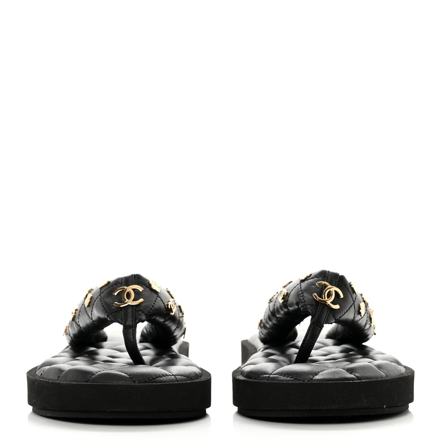 Lambskin Quilted Padded Charms Thong Sandals 40.5 Black