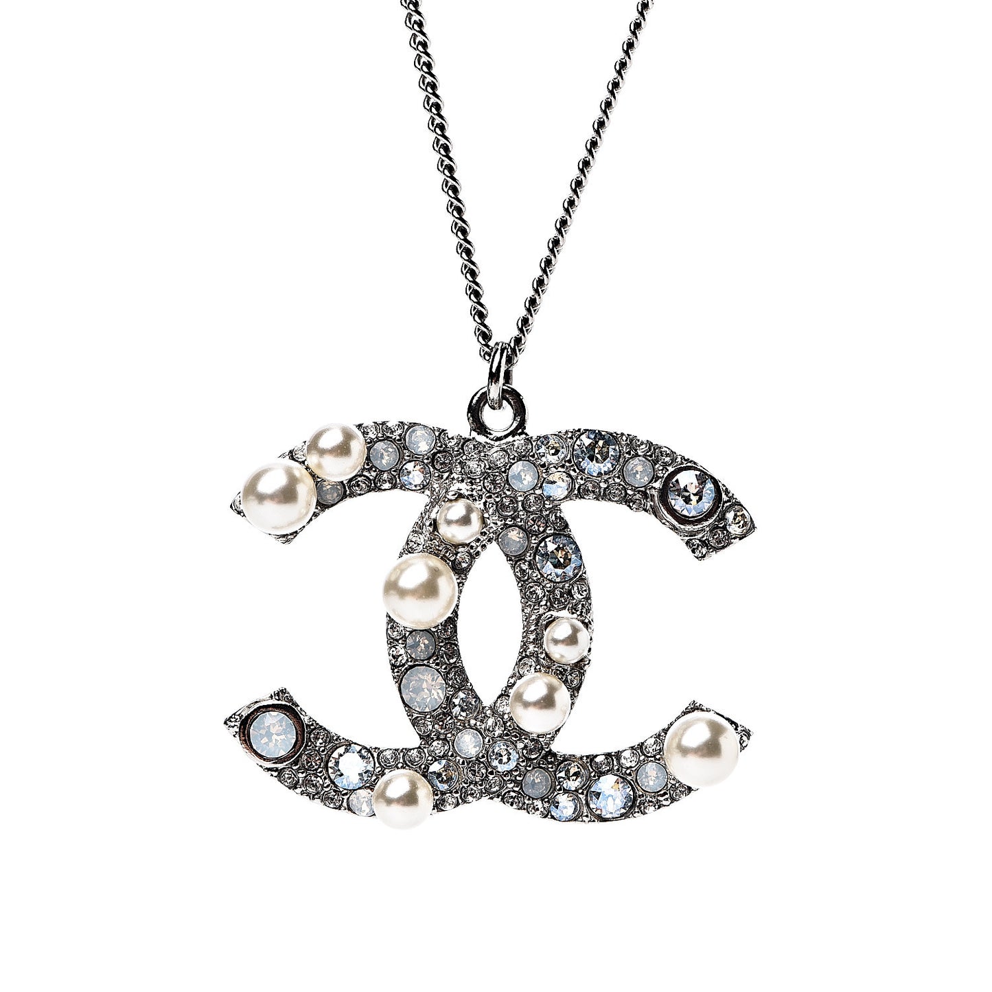 Pearl Crystal CC Pendant Necklace Silver