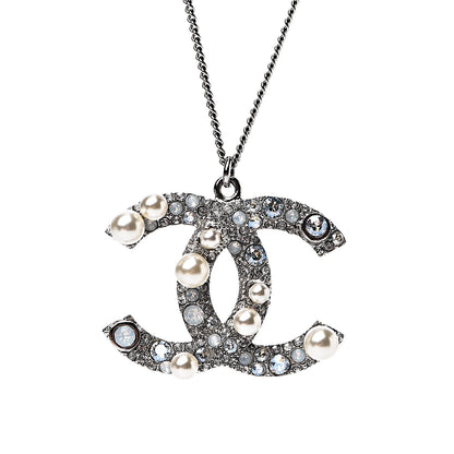 Chanel Pearl Crystal CC Pendant Necklace Silver 4 of 5