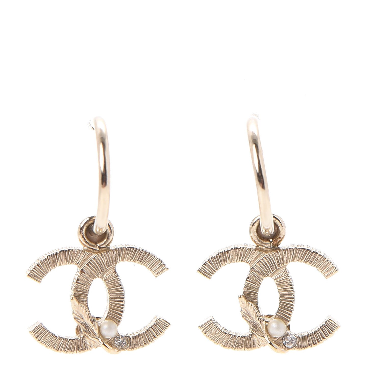Crystal Pearl CC Drop Leaf Earrings Gold