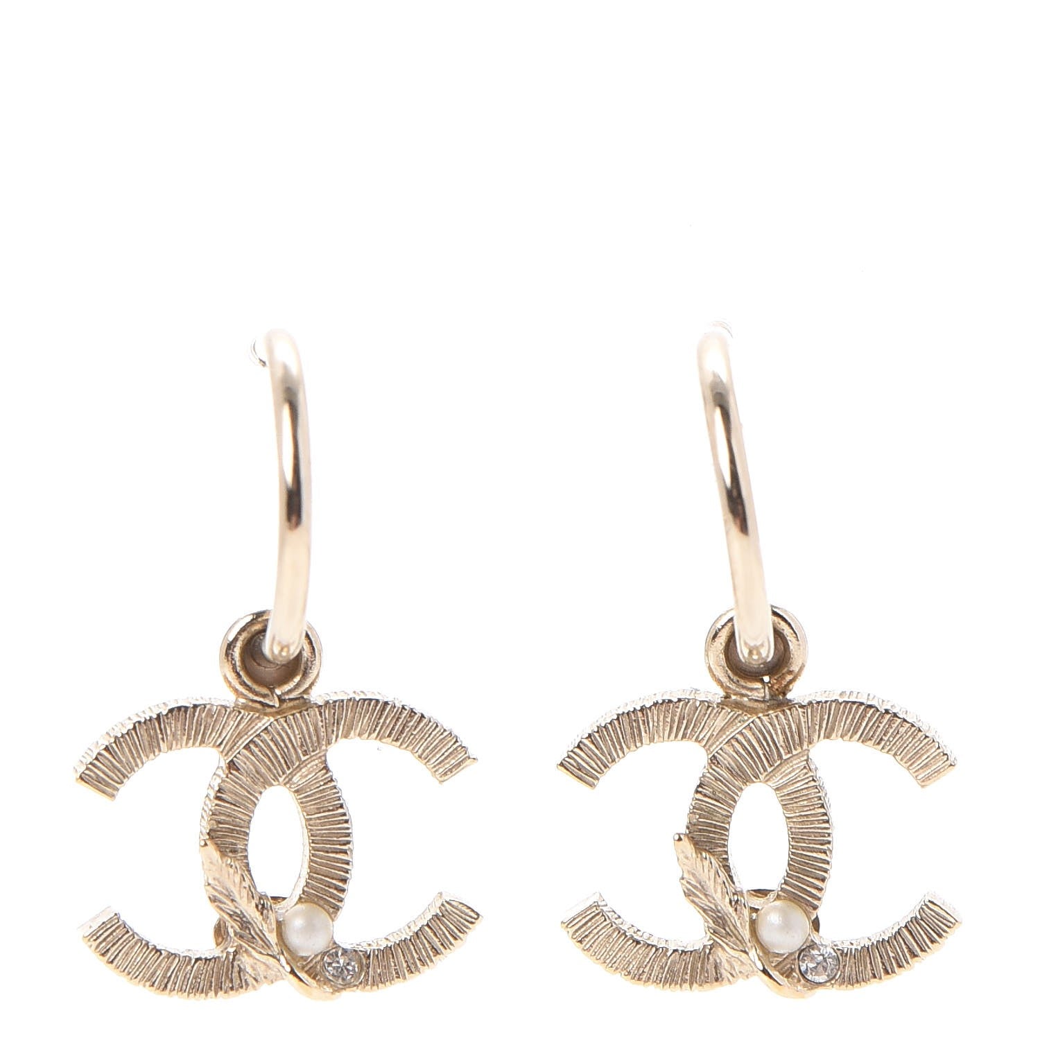 Chanel Crystal Pearl CC Drop Leaf Earrings Gold 1 of 6