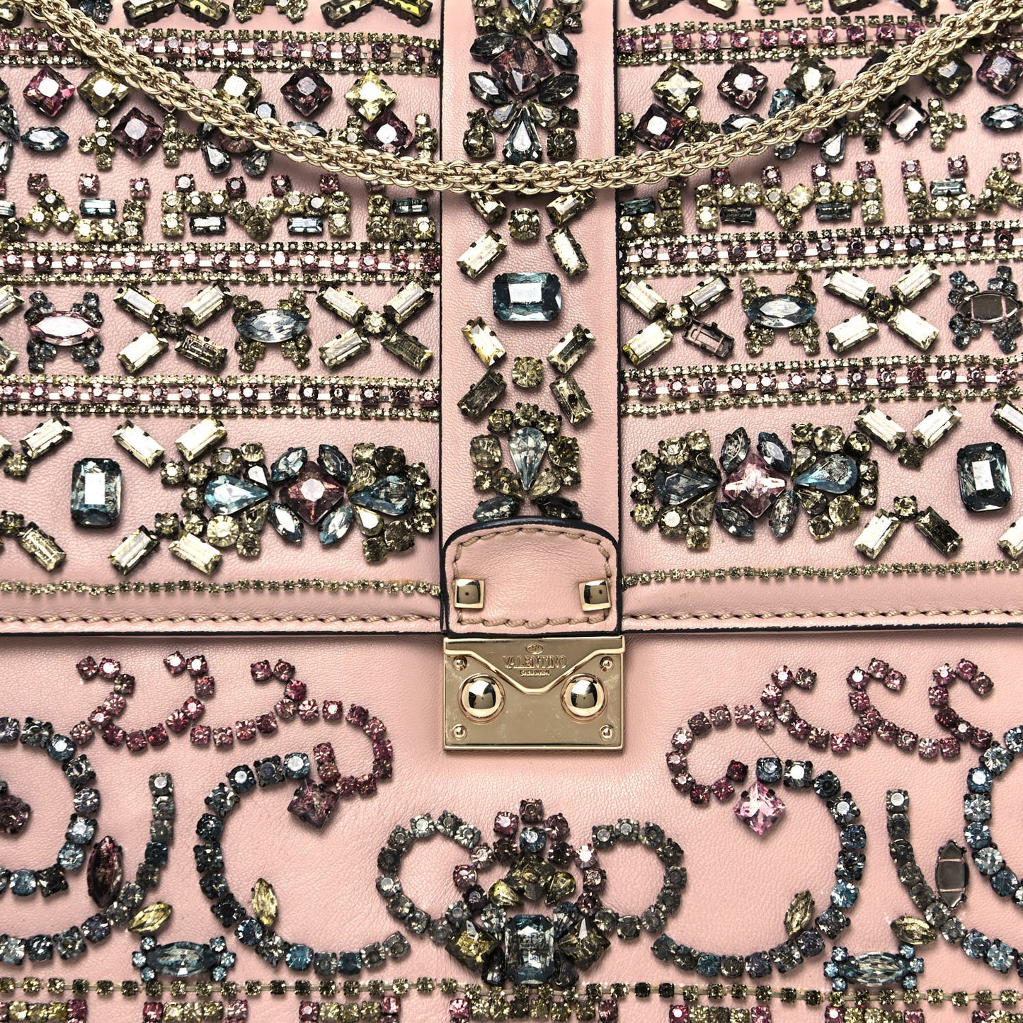 Vitello Crystal Embellished Medium Glam Lock Rockstud Flap Poudre