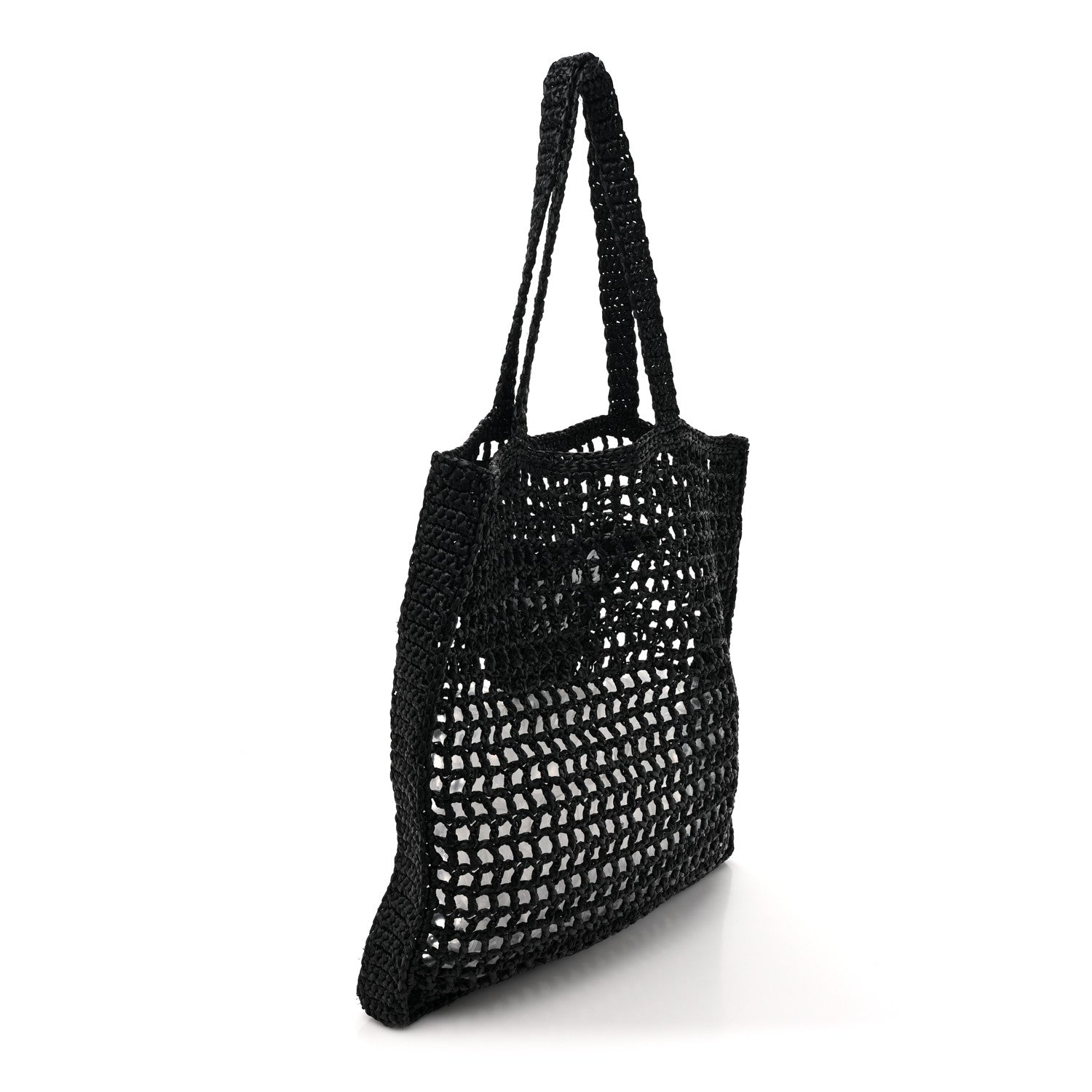 Prada Yarn Raffia Effect Crochet Logo Embroidered Tote Bag Black 3 of 9