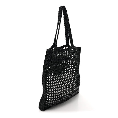 Prada Yarn Raffia Effect Crochet Logo Embroidered Tote Bag Black 3 of 9