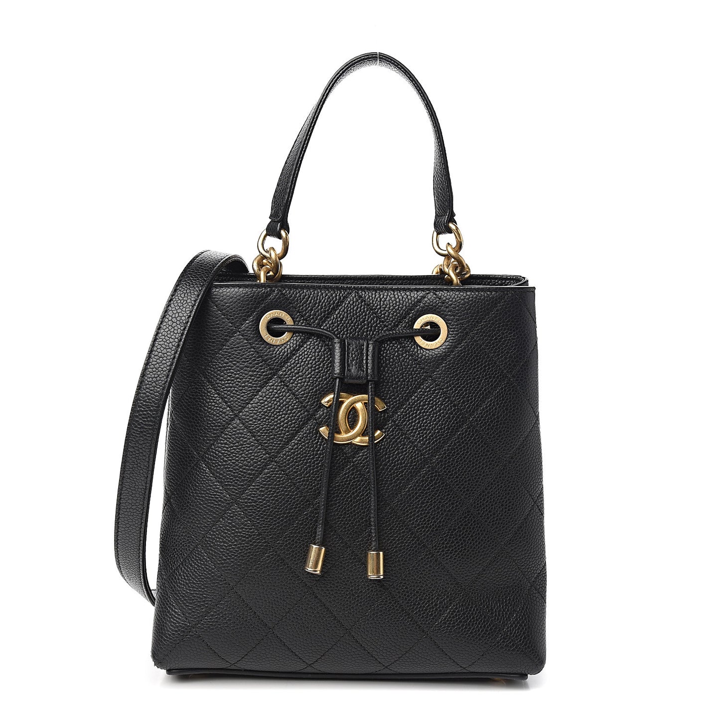 Grained Calfskin Stitched Small Drawstring Bag Black