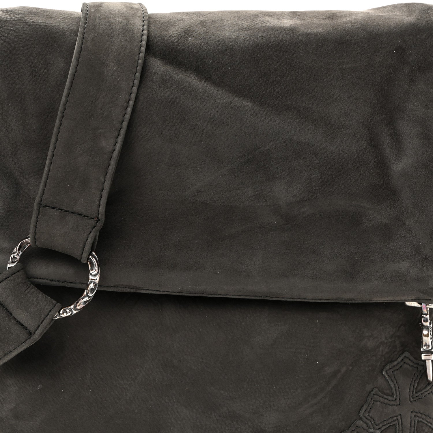Chrome Hearts Suede Calfskin Zip Top Cross Patch Crossbody Bag Black Grey 7 of 9
