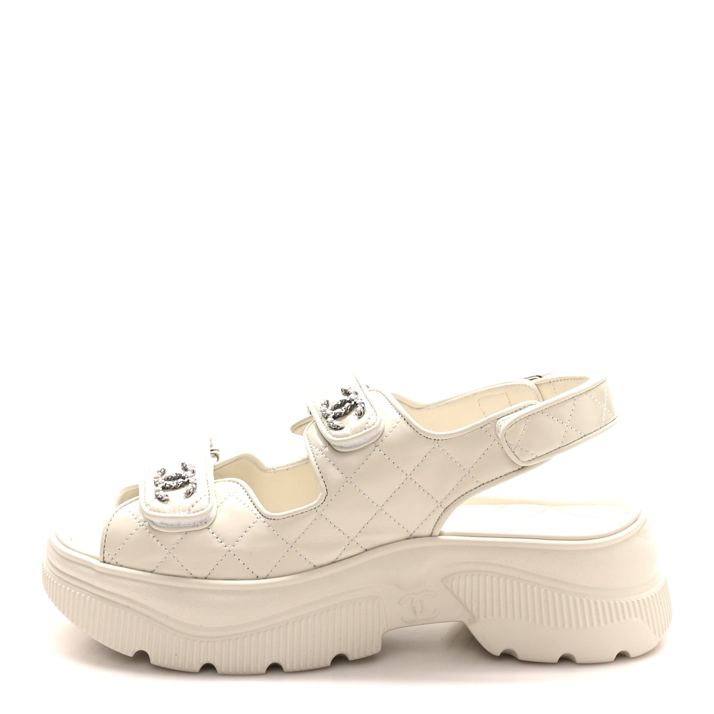 Shiny Calfskin Chain CC Velcro Dad Platform Sandals 39 White