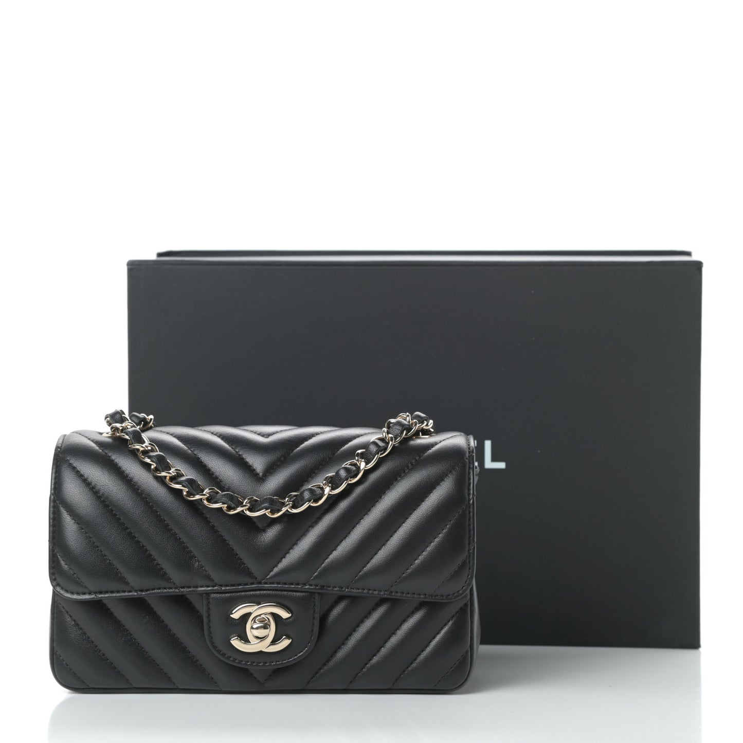 Lambskin Chevron Quilted Mini Rectangular Flap Black