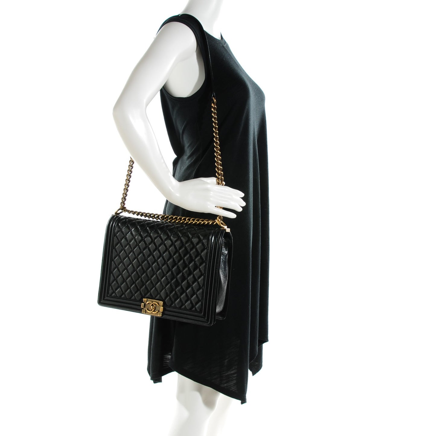 Glazed Calfskin Quilted Large Boy Flap Black