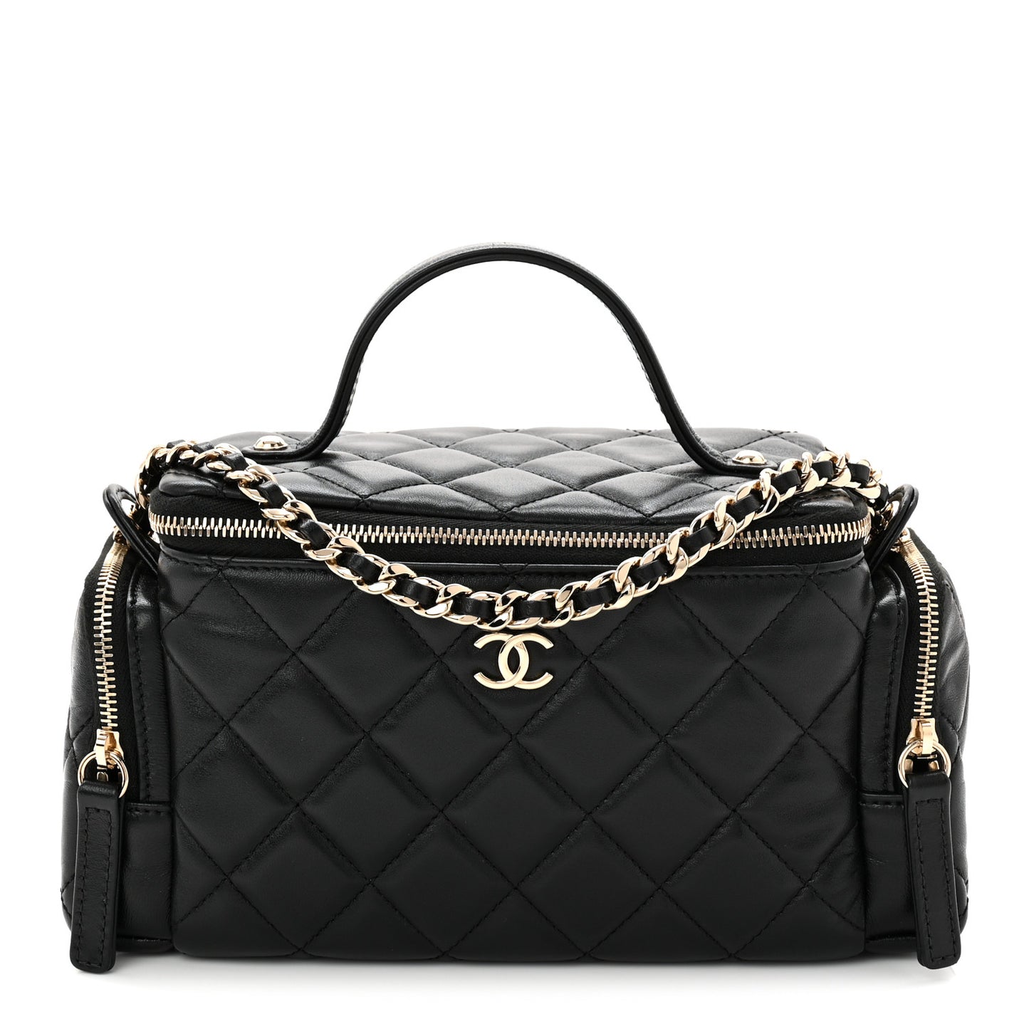 Lambskin Quilted Multi Pocket Top Handle Vanity With Chain Black