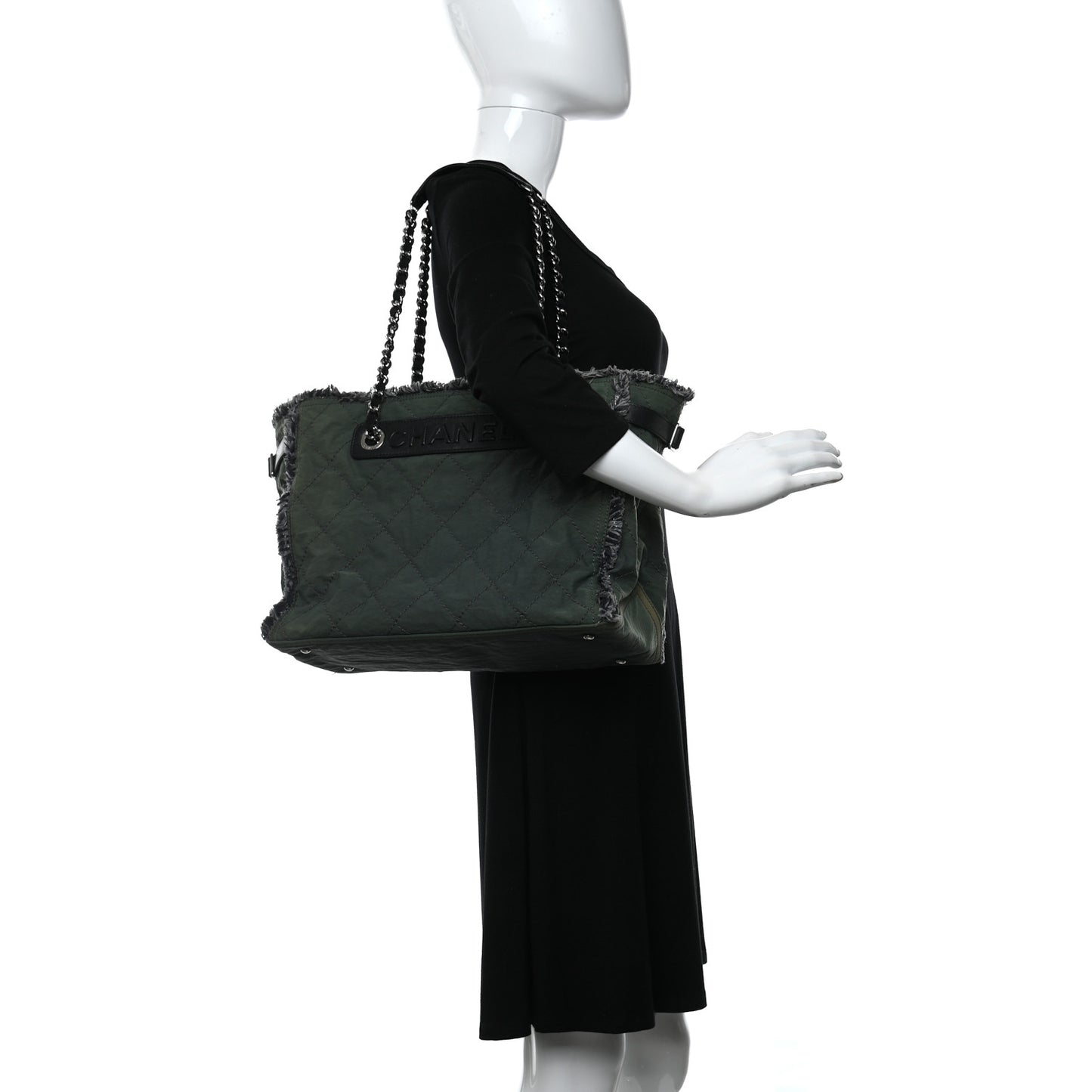 Canvas Stitched Tweed Large Tote Dark Green