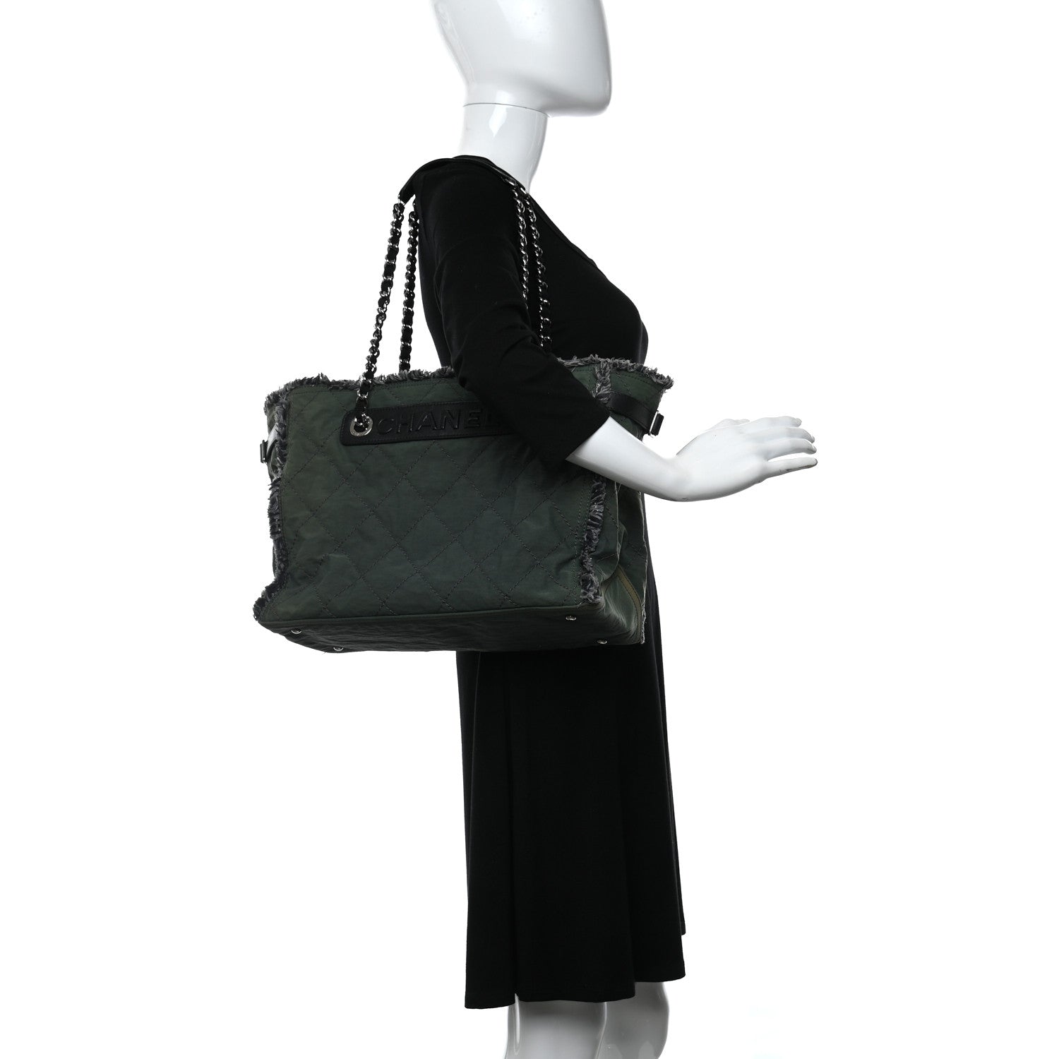 Chanel Canvas Stitched Tweed Large Tote Dark Green 3 of 9