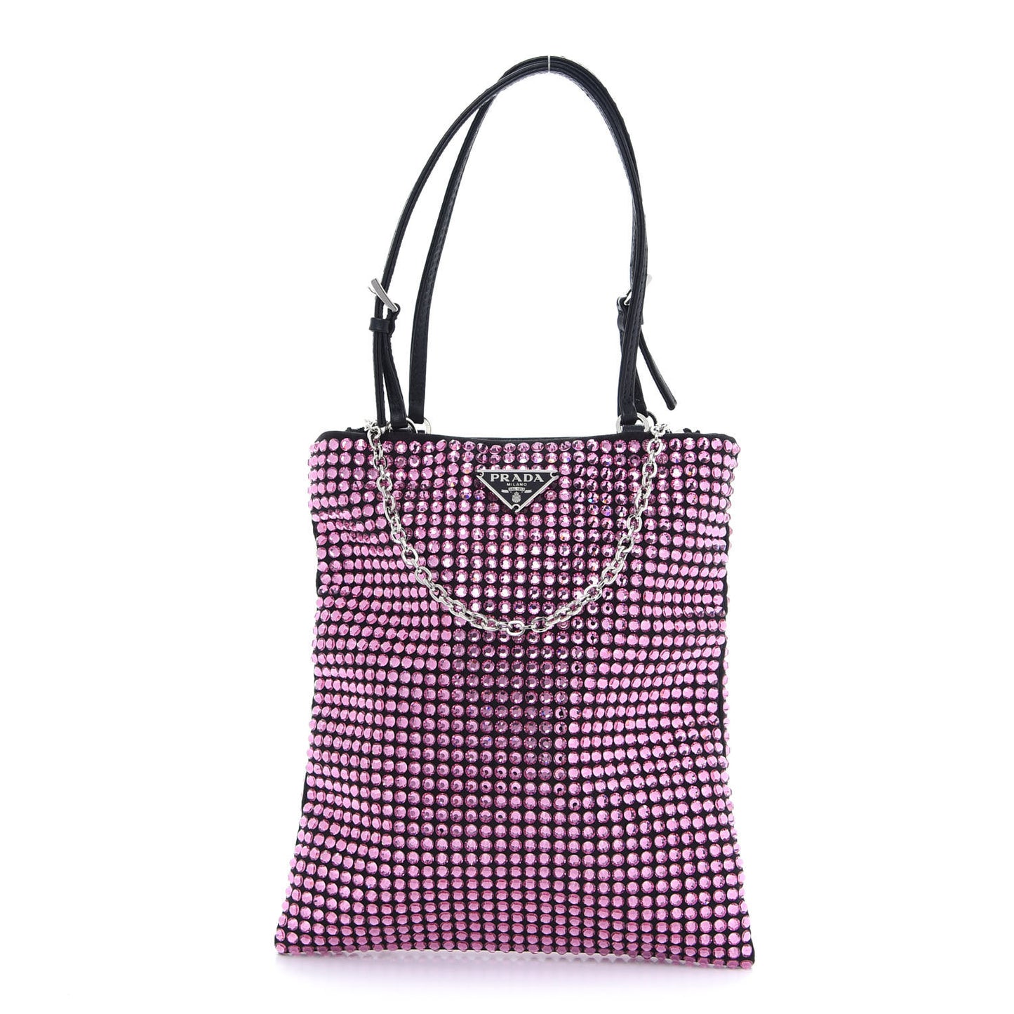 Satin Crystal Metal Triangle Logo Chain Crossbody Handbag Rosa