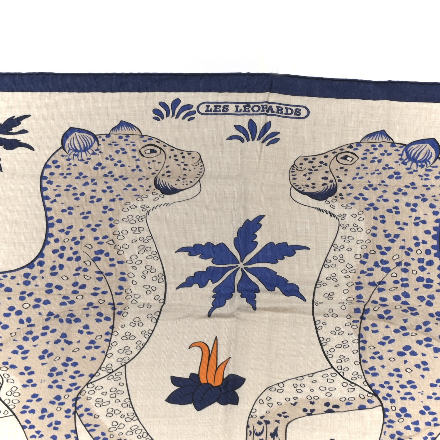 Hermes Cashmere Silk Les Leopards Shawl 140 Naturel Bleu Orange 5 of 8