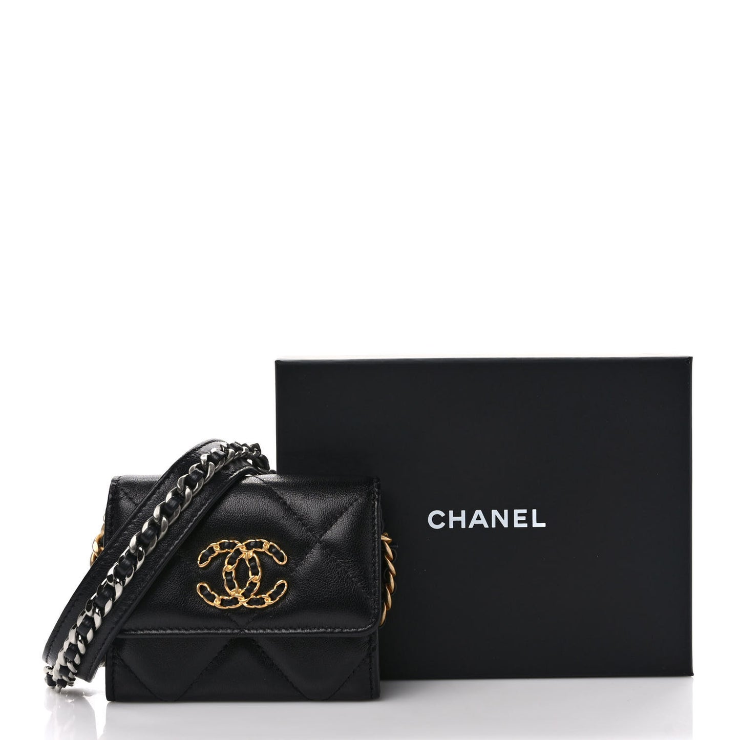 Lambskin Quilted Chanel 19 Flap Coin Purse With Chain Black