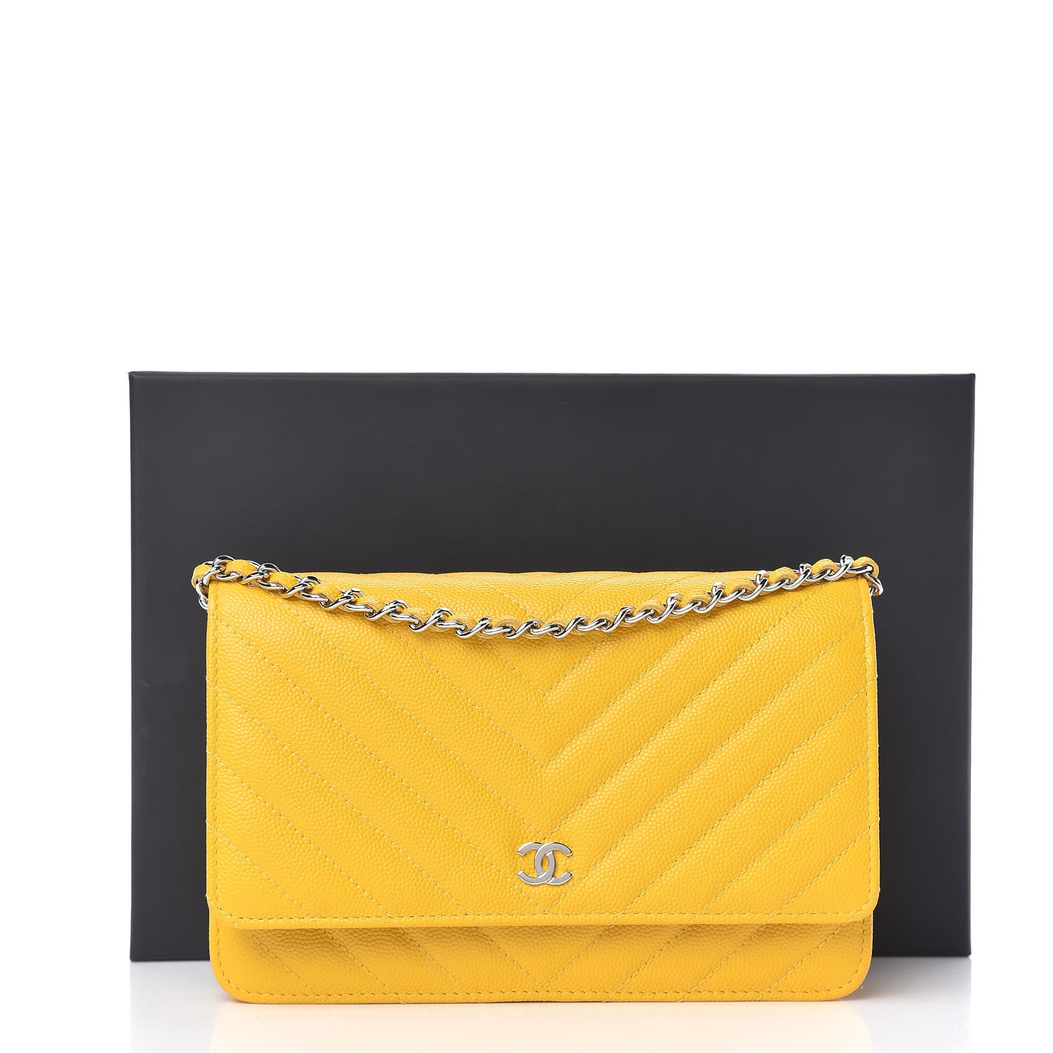 Chanel Caviar Chevron Quilted Wallet On Chain WOC Yellow 11 of 11
