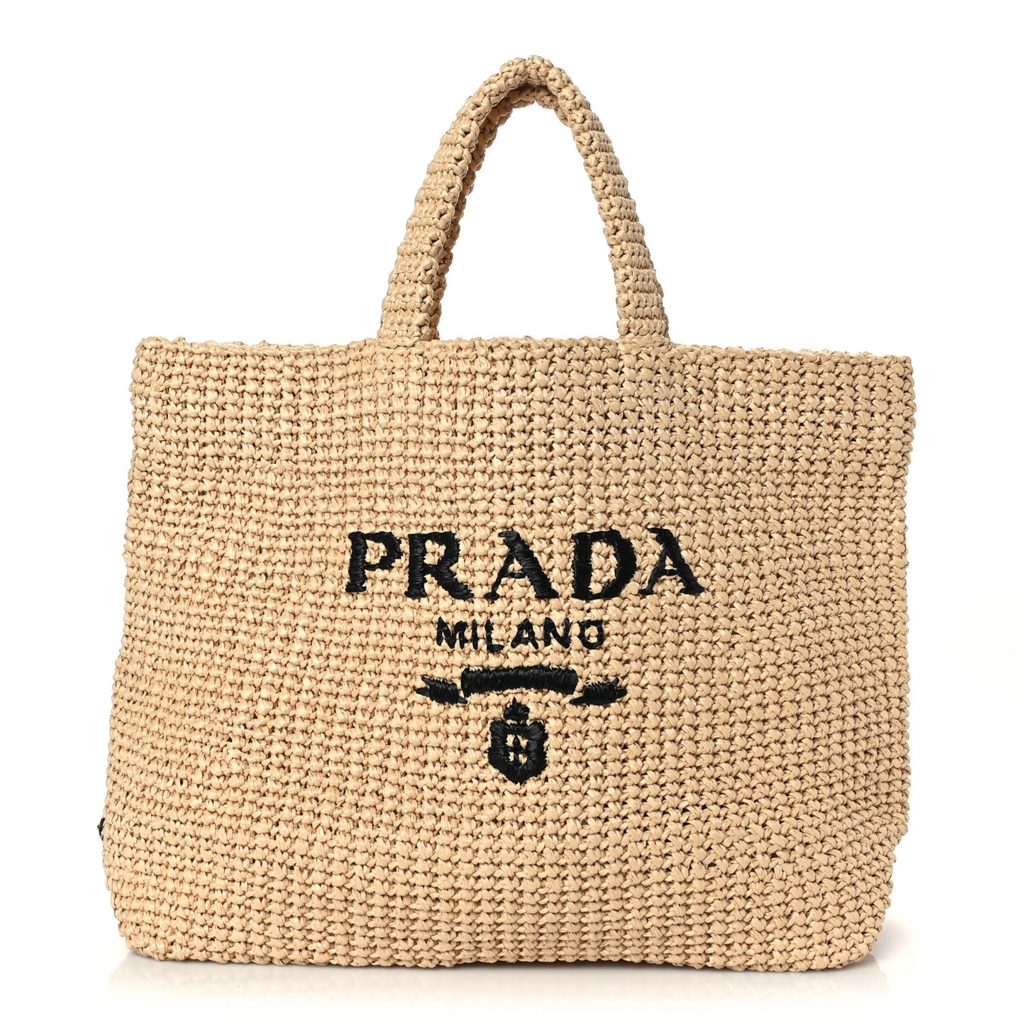 Yarn Raffia Effect Crochet Embroidered Logo Tote Naturale