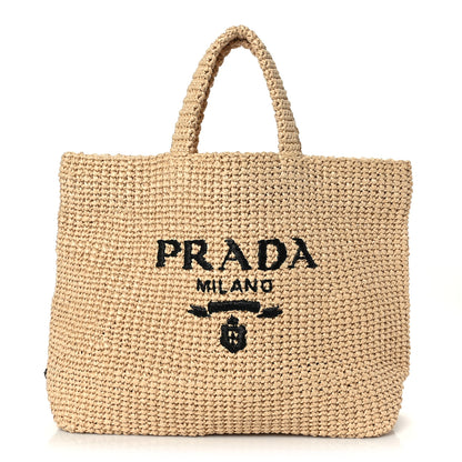 Prada Yarn Raffia Effect Crochet Embroidered Logo Tote Naturale 1 of 8