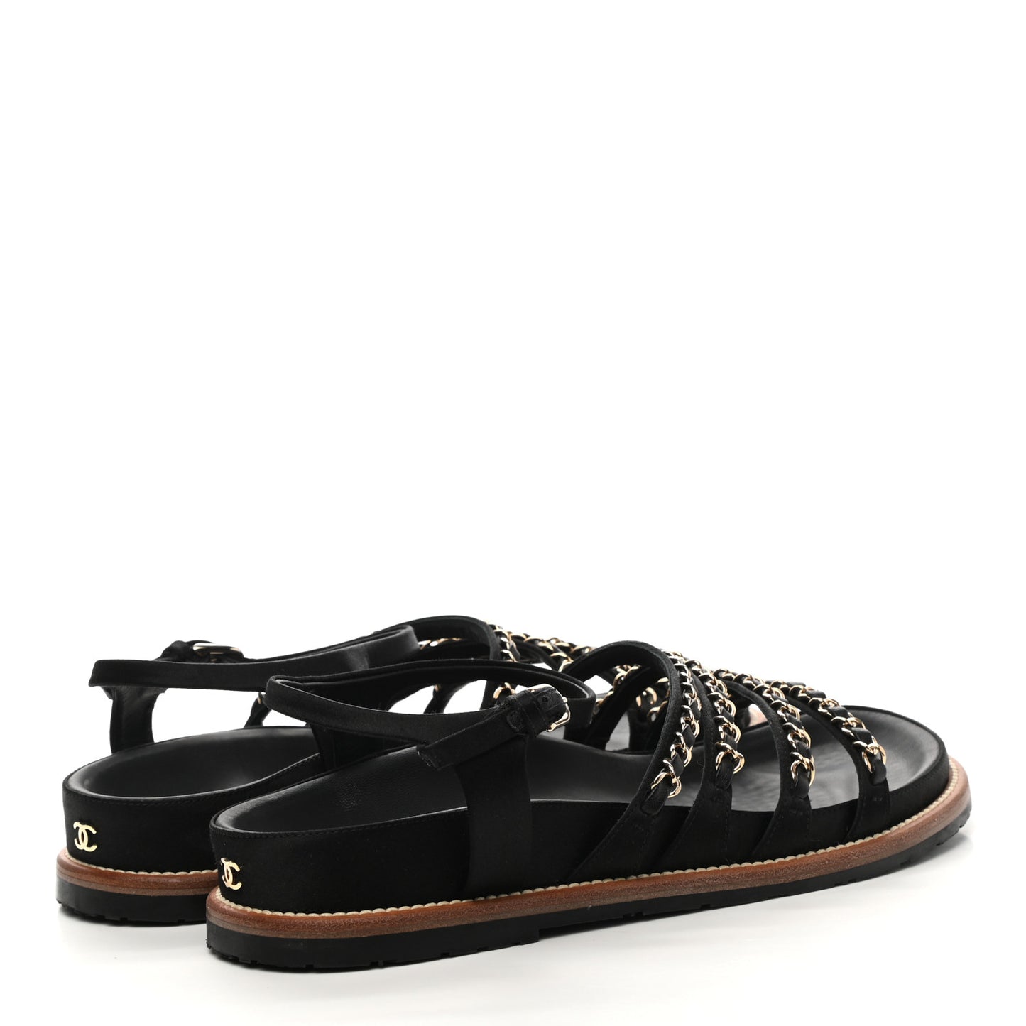 Satin Lambskin Chain Flat Sandals 38.5 Black