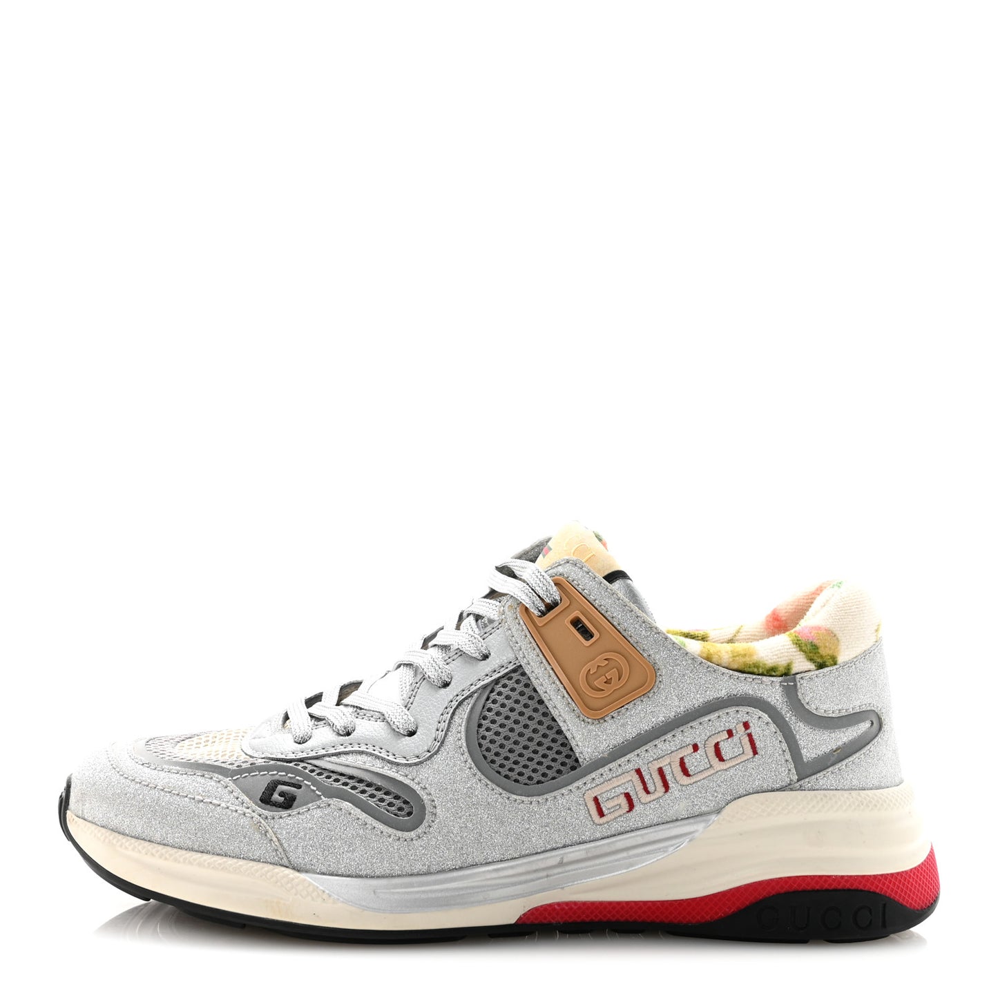 Metallic Calfskin Glitter Mesh Womens Ultrapace Sneakers 38 Silver Light Grey Mystic White