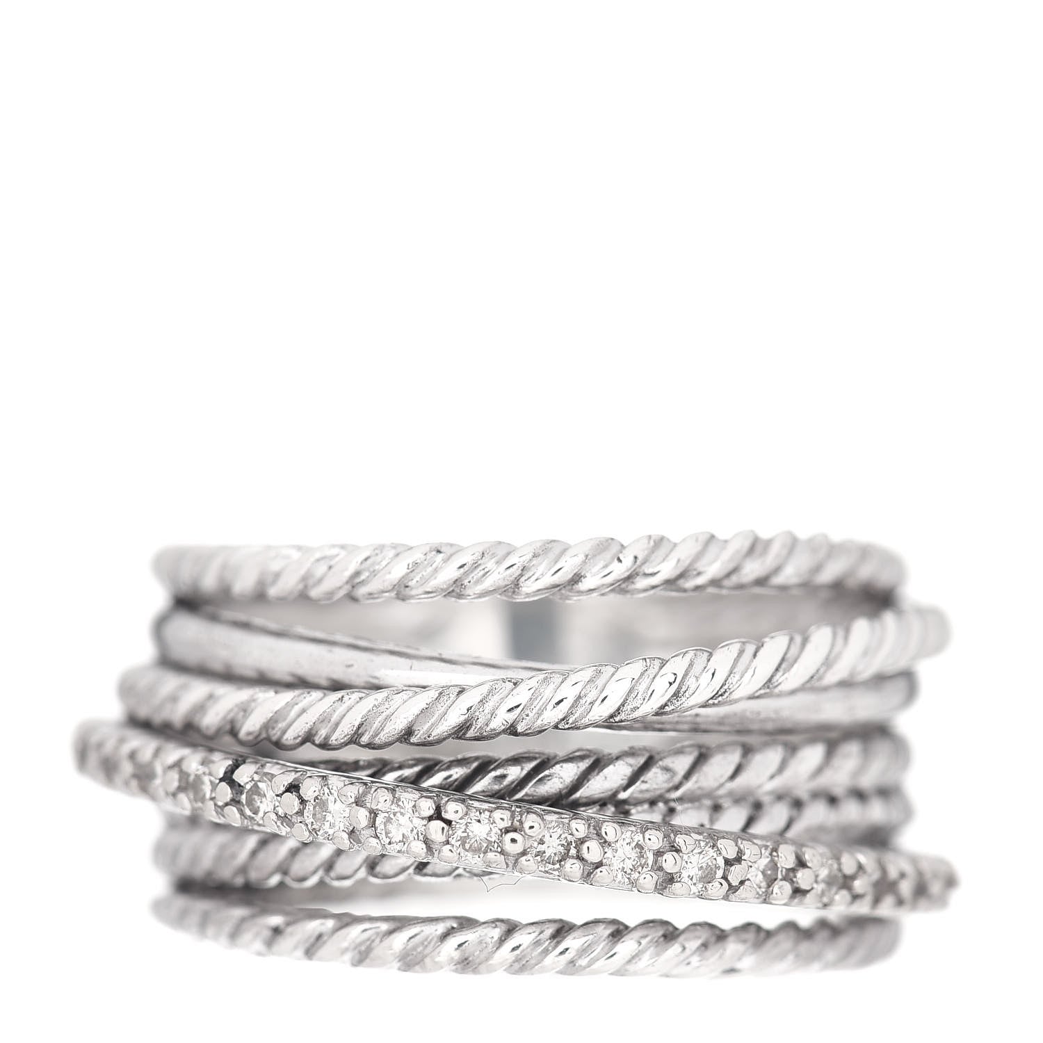 David Yurman Sterling Silver 14K White Gold Diamond 11mm Wide Crossover Cable Ring 54 7 1 of 5