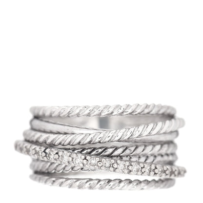 David Yurman Sterling Silver 14K White Gold Diamond 11mm Wide Crossover Cable Ring 54 7 1 of 5