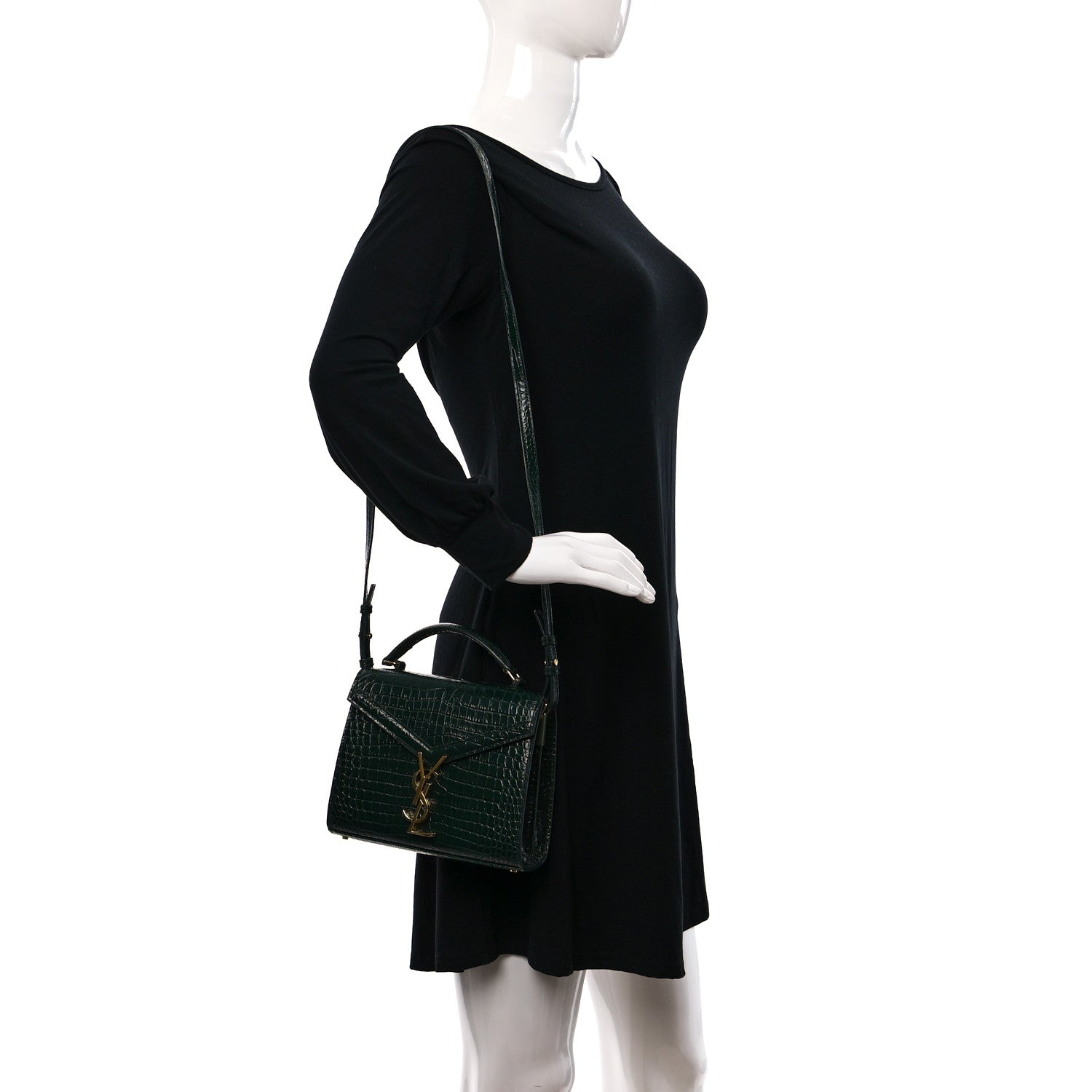 Saint Laurent Calfskin Crocodile Embossed Mini Classic Monogram Cassandra Top Handle Green 2 of 11