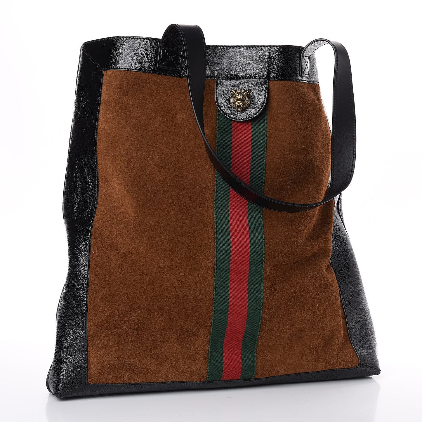 Suede Patent Web Large Ophidia Vertical Shopping Tote Nocciola Black