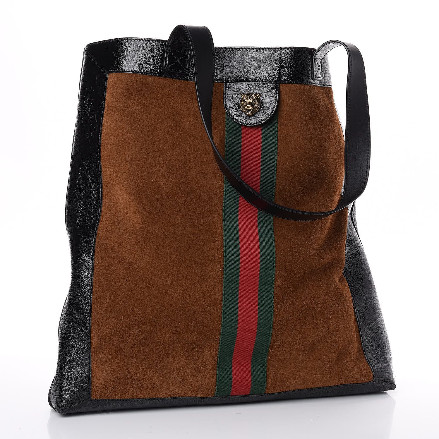 Gucci Suede Patent Web Large Ophidia Vertical Shopping Tote Nocciola Black 3 of 11