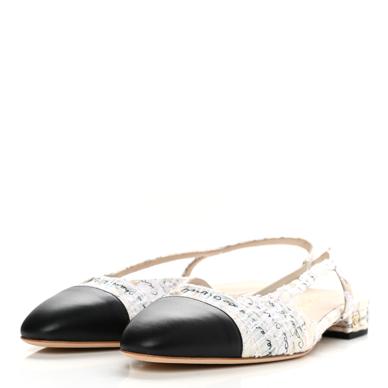 Chanel Tweed Lambskin Cap Toe CC Slingback Flat 40 Light Pink Beige Ecru Black 3 of 9