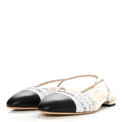 Chanel Tweed Lambskin Cap Toe CC Slingback Flat 40 Light Pink Beige Ecru Black 3 of 9
