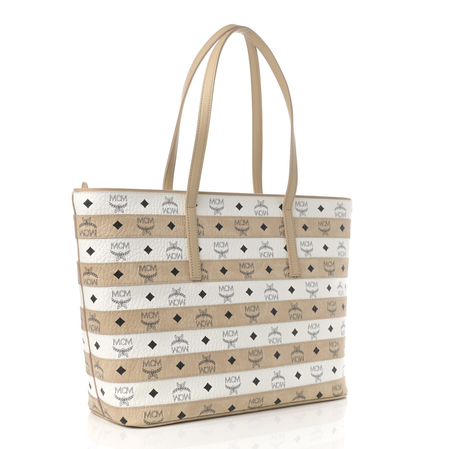 MCM Visetos Striped Medium Anya Shopper Tote White Beige 3 of 16