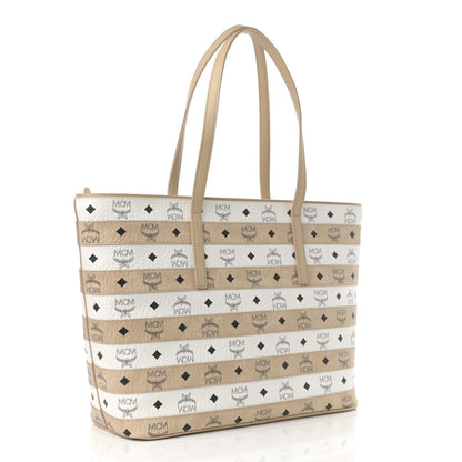 MCM Visetos Striped Medium Anya Shopper Tote White Beige 3 of 16
